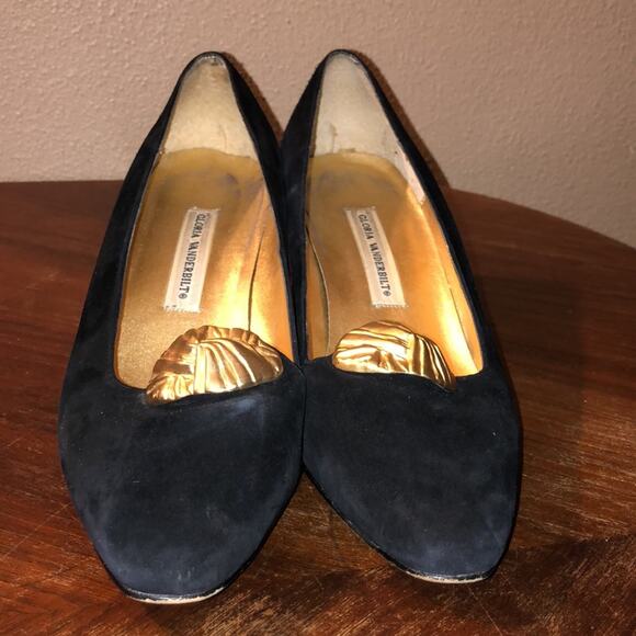 Gloria Vanderbilt Vintage Preppy Glam Academia Note Vintage Black Gold Heels 9 - Picture 4 of 15